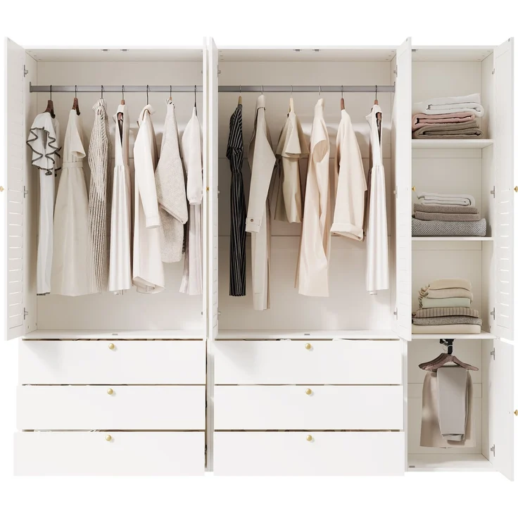 CHICFURN Kleiderschrank 225x200x50 cm mit 5 Lamellentüren und 6 Schubladen – Weiß – Bild 5