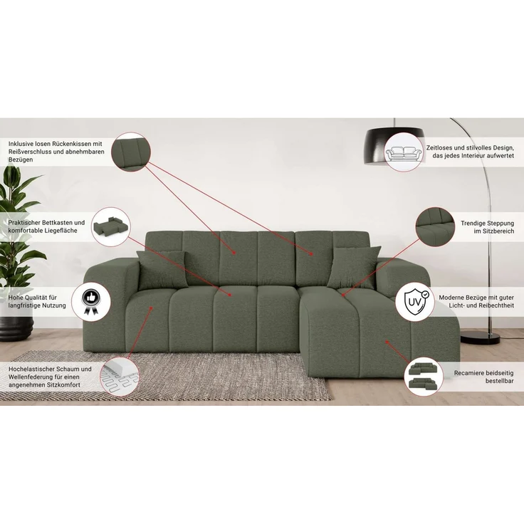 OTTO home Ecksofa CASSY L-Form, Schlafsofa mit Bettkasten, Maße B/T/H: 245/165/88 cm, mit 2 Rückenkissen, Recamiere rechts oder links bestellbar – Bild 2