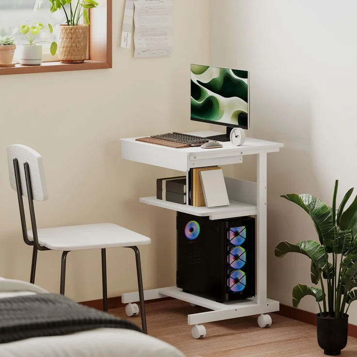 Computertisch auf Rollen, Schreibtisch mit Stauraum 56 x 51 cm mit Schublade, Fach und CPU-Halterung, weiß – Bild 8
