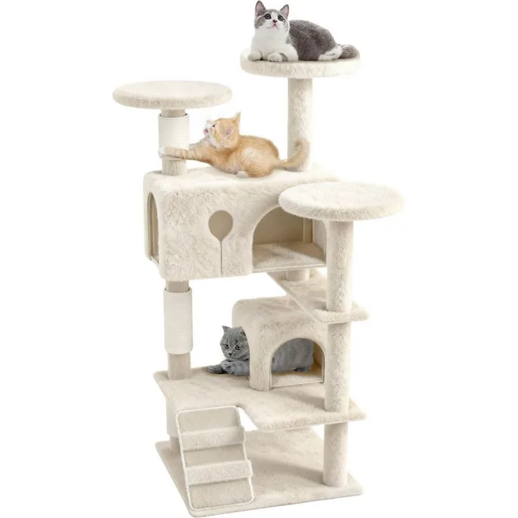 FIVMEN Kratzbaum Grosse 130cm mit Sisal-Seil, 2 Katzenhäusern Plattformen & Höhle, Katzenmöbel Katzenspielzeug für Katzen Beige Dunkelgrau Grau