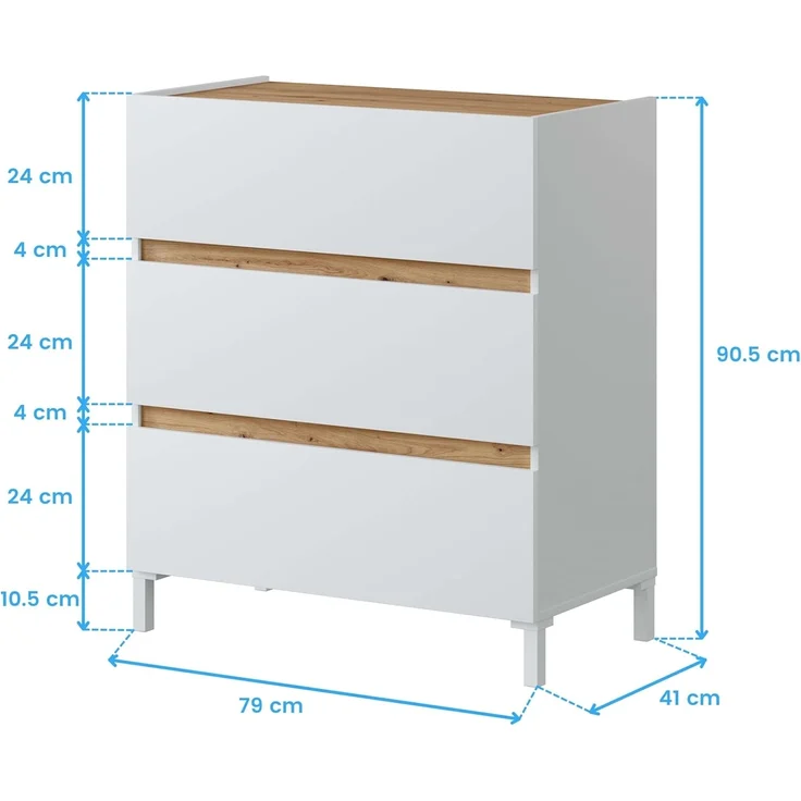 Calicosy Kommode 3 Schubladen in Eichenoptik und Weiß L79 cm - TEMPUS - Helles Holz – Bild 3