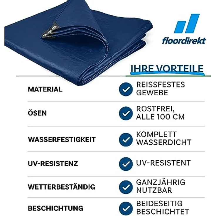 Floordirekt Abdeckplane | Gewebeplane | Schutzplane | Bootsplane | Zeltunterlage für Camping & Outdoor Garten wasserdichte Planemit Ösen Viele Größen & Farben 3x5 m, 15m² 240 g/m², Blau – Bild 5