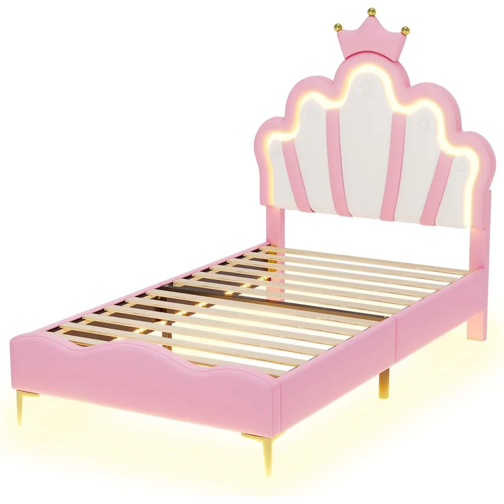 90*200cm Flaches Doppelbett, kronenförmiges Prinzessinnenbett, weiche Polsterung aus PU-Leder, verstellbarer LED-Umgebungslichtstreifen, Rosa – Bild 7