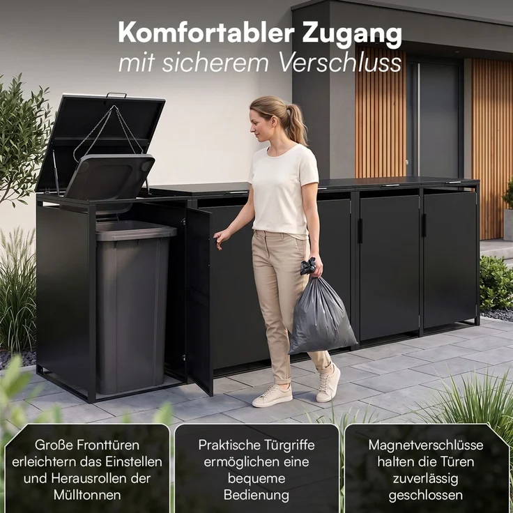 STEELSØN 'Thoria' Mülltonnenbox 5er je 240 Liter, graphitschwarz, Mülltonnenverkleidung aus Stahl, wetterfest, 116x80x332 cm, Müllbox für 5 Tonnen – Bild 5