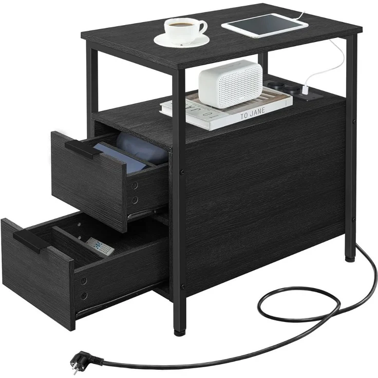 VASAGLE Beistelltisch, 2er Set, Nachttisch mit Steckdosenleiste, 2 Schubladen, Sofatisch, Nachtschrank für Wohnzimmer, Schlafzimmer, anthrazitgrau-klassikschwarz LCT648B22 – Bild 5