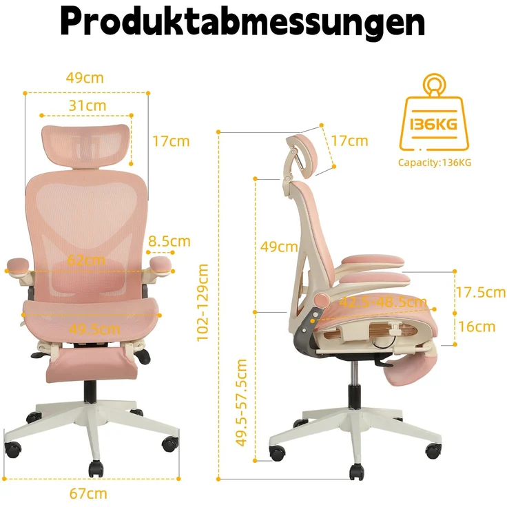 Klappbarer ergonomischer Bürostuhl, kleiner Platz-Klappstuhl mit Taillenstütze, Ganznetzschiebekissen, klappbare Armlehnen, 3D-Kopfstützen und Bürostuhl mit Arbeitspedalen,pink--Rosa--129x48.5x62cm--YOUDENOVA – Bild 2