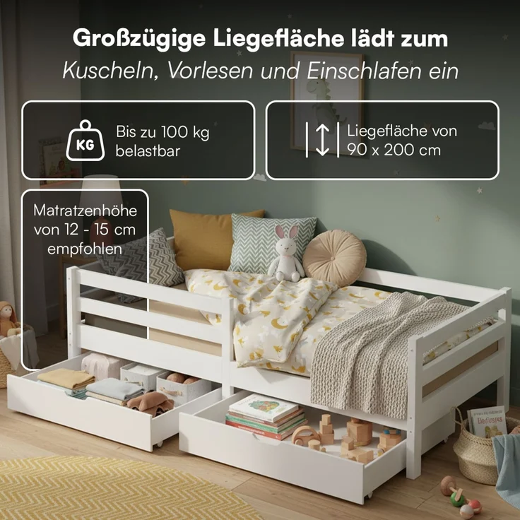 Bellabino 'Iskri' Kinderbett 90x200 cm mit 2 Schubladen, weiß, Massivholz Kiefer, Jugendbett mit Rausfallschutz und Lattenrost – Bild 3