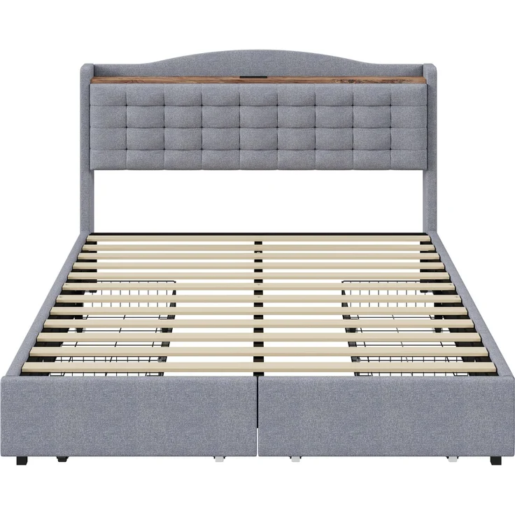 Polsterbett 140*200 cm, Nachttisch mit USB-Ladeanschluss und Ablage, Doppelflachbett mit 4 Schubladen, Leinenstoff Grau – Bild 6