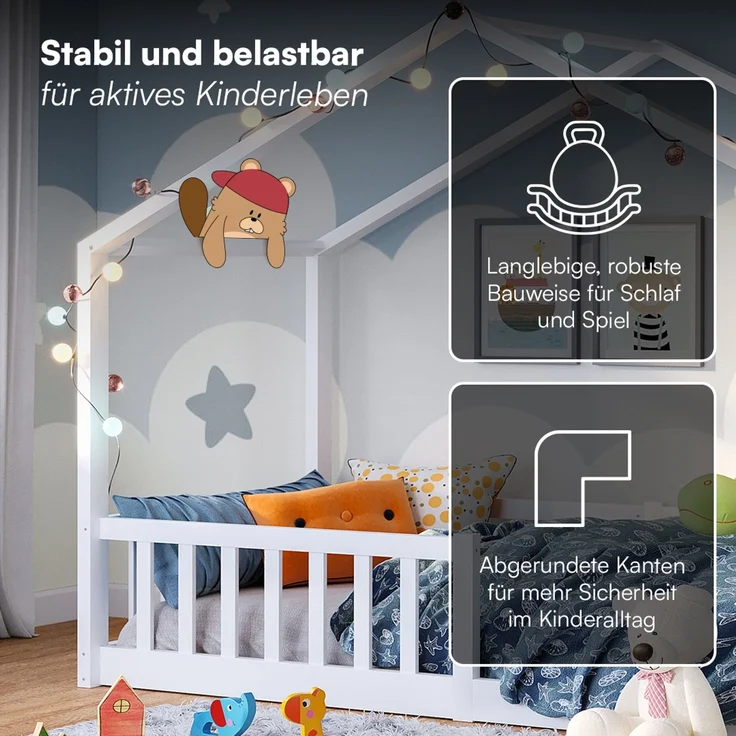 Bellabino 'Bia' Hausbett 80x160 cm, weiß, Kiefer Massivholz, Bodenbett in Hausoptik, Montessori Kinderbett mit Rausfallschutz und Lattenrost – Bild 7