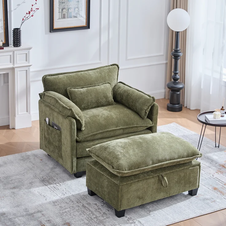 LVHOM Einzelsofa mit Ottomane, Chenille Chaiselongue Sessel mit Seitentasche, Relaxsessel Fernsehsessel Ohrensessel mit Hocker, Olive – Bild 1