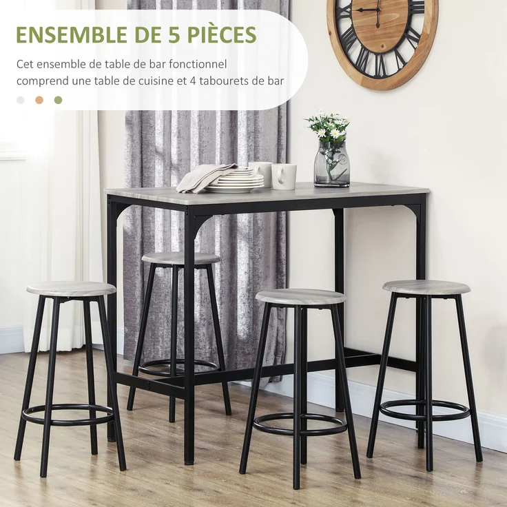 Stehtisch mit 4 Hockern, Fußstützen, schwarzes Metall und Holzoptik, für Küche und Esszimmer, Cecodadi – Bild 6