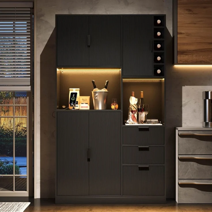 Flieks Küchenbuffet mit Steckdosen, LED-Beleuchtung und verstellbaren Einlegeböden (1-St, B105/T40/H180 cm) Hochschrank Küchenschrank mit verstellbaren Einlegeböden Schwarz – Bild 4