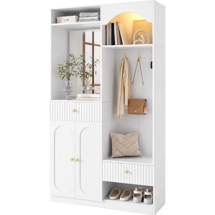Kompaktgarderobe mit Spiegel und Sitzbank,Flurgarderobe mit Schuhschrank und Haken, Kleiderhaken,Kompaktgarderobe,Flurmöbel Set,Flurgarderobe
