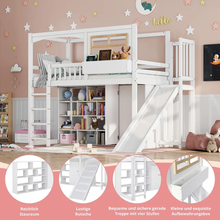 Etagenbett 90 × 200 cm (Liegefläche) – Etagenbett mit Rutsche, Kleiderschrank & Regal, vierseitiger Fallschutz, Weiß/Natur – Bild 7