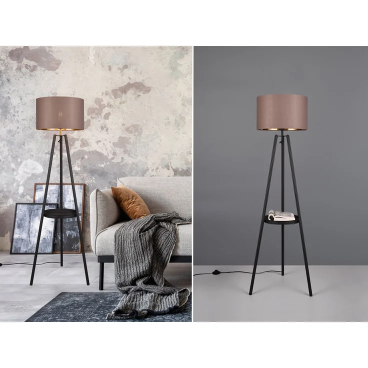 Tripod Stehleuchte COLETTE, Stoffschirm Taupe/Gold & Ablagetisch, Höhe 152cm