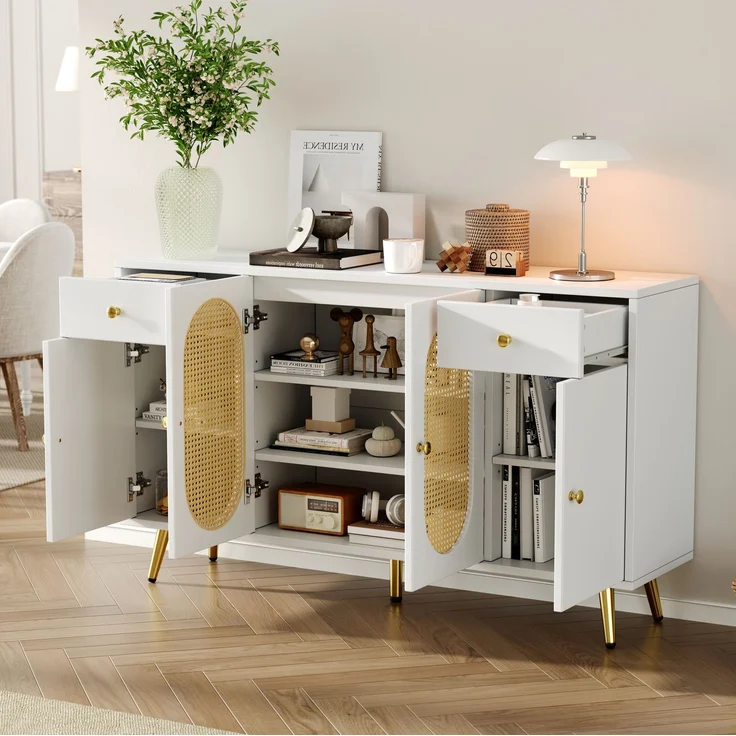DESVIAE Sideboard mit 2 Schubladen und 4 Türen 140x82x35 cm Spanplatte Natur/Weiß – Bild 1