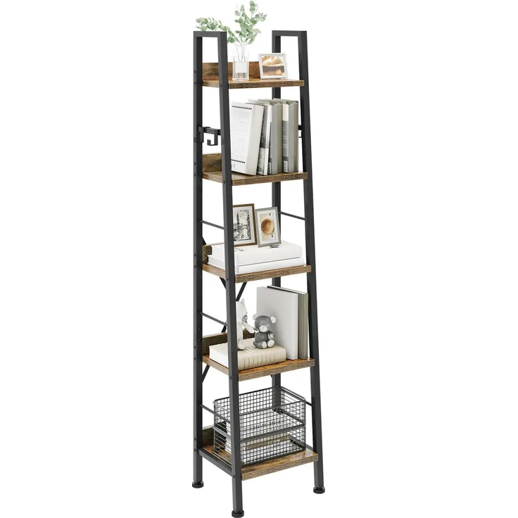 YITAHOME Bücherregal mit 5 Ebenen, industrielles Leiterregal, freistehendes Holzregale und Metallrahmen, modernes Regal für Wohnzimmer, Flur, Vintagebraun