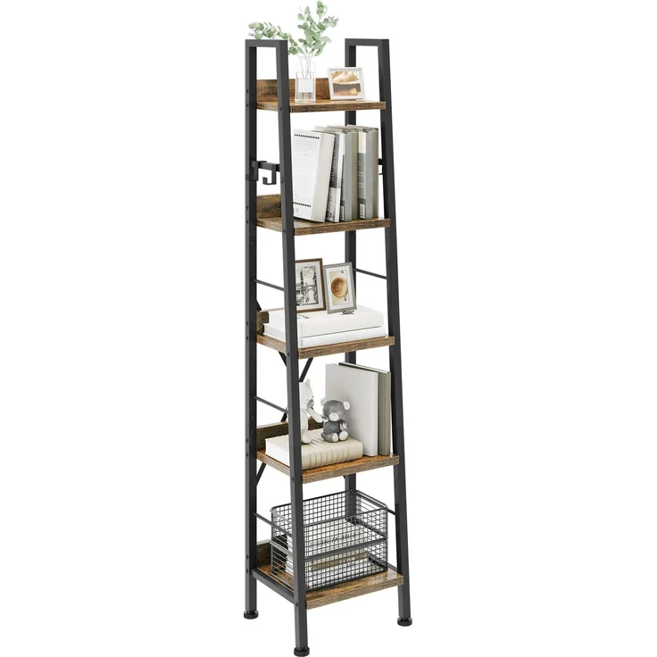 YITAHOME Bücherregal mit 5 Ebenen, industrielles Leiterregal, freistehendes Holzregale und Metallrahmen, modernes Regal für Wohnzimmer, Flur, Vintagebraun
