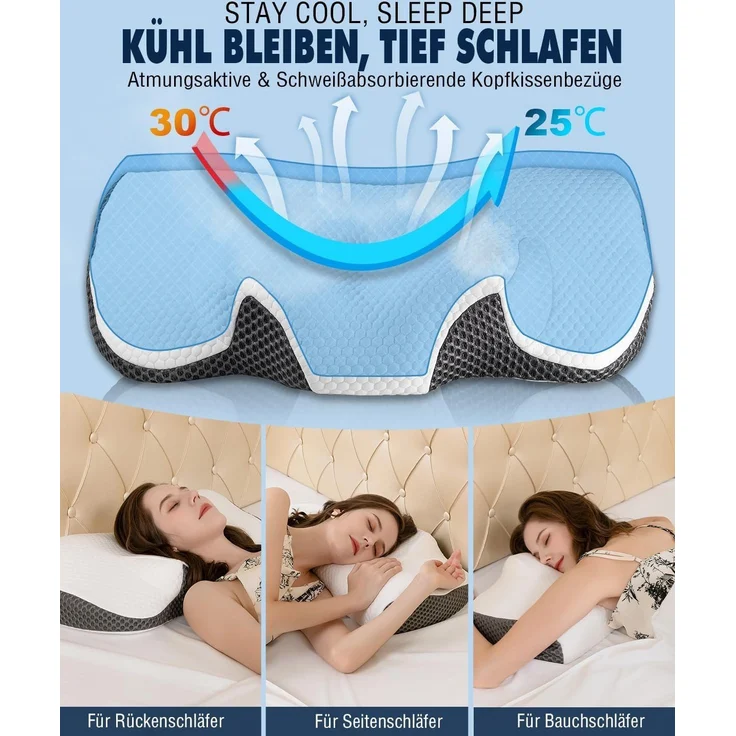 Kopfkissen Nackenkissen, Kopfkissen Memory Foam, Kopfkissen fur Seiten Rucken Bauchschlufer (65.8 x 35.6 x 12.5/12.2cm) – Bild 4