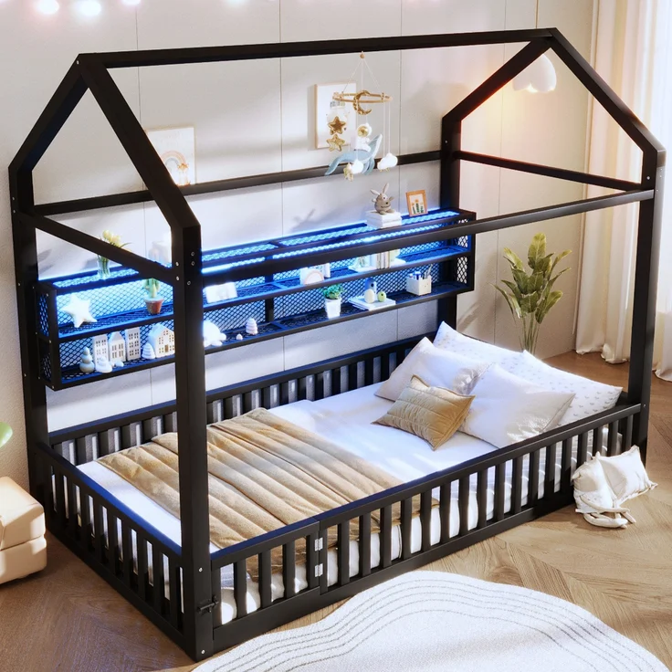 Hausbett mit LED-Beleuchtung, Tür und Regal, 90x200cm, Kinderbett ohne Lattenrost, Einzelbett, Metallbett – Bild 4