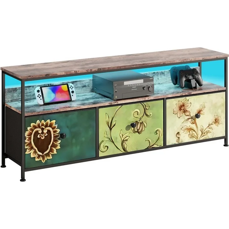 FUROKOY Lowboard TV-Schrank mit LED-Beleuchtung (Fernsehschrank Sideboard-Schrank mit 1 Regal und 3 Stoff Schubladen, TV-Bank für Wohnzimmer Schlafzimmer, 108 x 29.8 x 57cm)