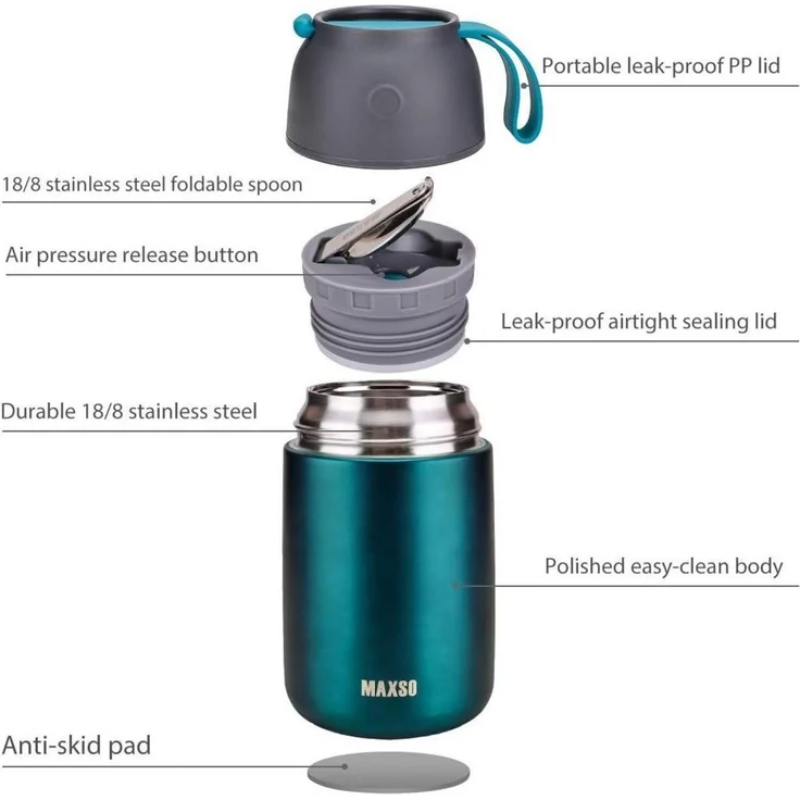 Thermobehälter Edelstahl Warmhaltebecher 500ml 700ml faltbare Löffel Grün – Bild 2