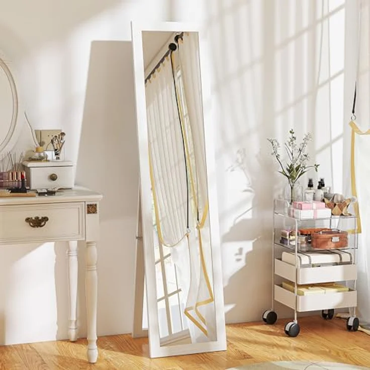 HOMCOM Standspiegel mit Ständer und Haken (Stehspiegel, 1-St, Wandspiegel), für Wohnzimmer, Schlafzimmer, Weiß – Bild 2