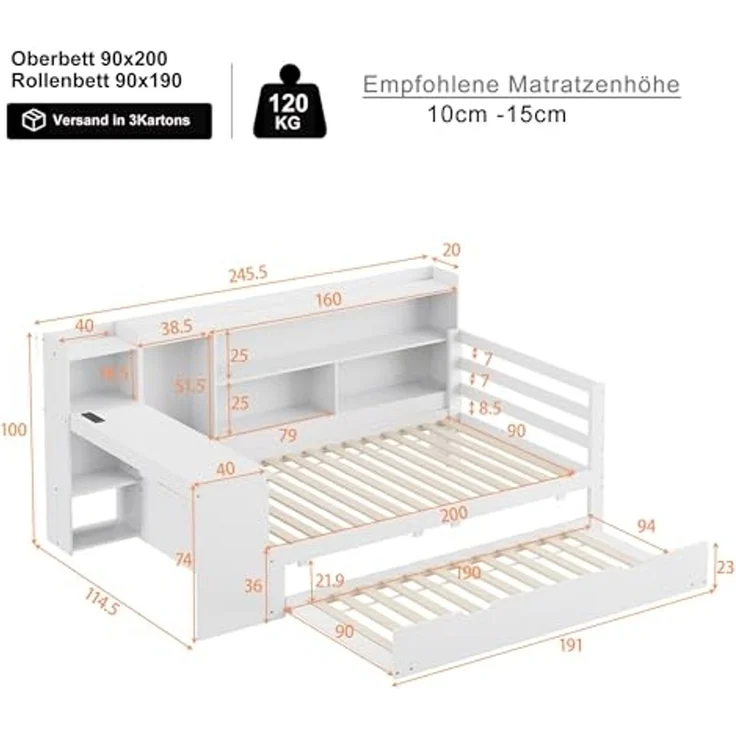 Odikalo Ausziehbett Daybett Schlafsofa Schreibtisch Regal Ablagefach Weiß/Grau 90/140 – Bild 3