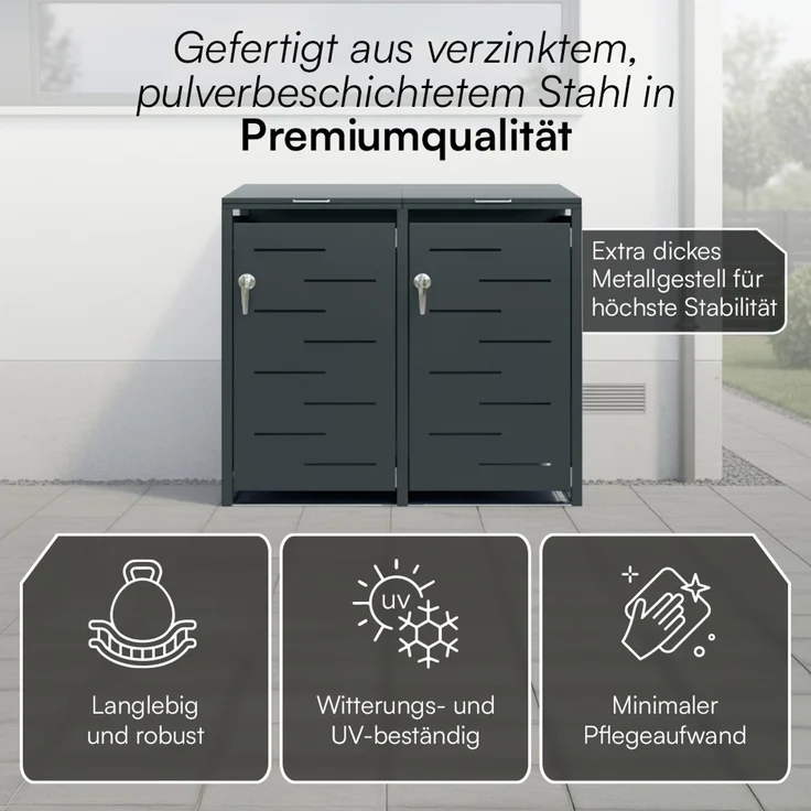 STEELSØN 'Diorus' Mülltonnenbox 2er je 240 Liter, anthrazit, Mülltonnenverkleidung aus Stahl mit Sichtstreifen, wetterfest, 116x80x134 cm, abschließbare Müllbox für 2 Tonnen – Bild 5