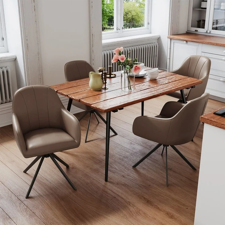 Hawthyhome 4-Fußstuhl Esszimmerstuhl drehbar mit Armlehne, 360° Drehfunktion, Kunstlederbezug, stabiles schwarzes Metallgestell, moderner Küchenstuhl für Esszimmer, Wohnzimmer, Büro & Homeoffice, Braun – Bild 6