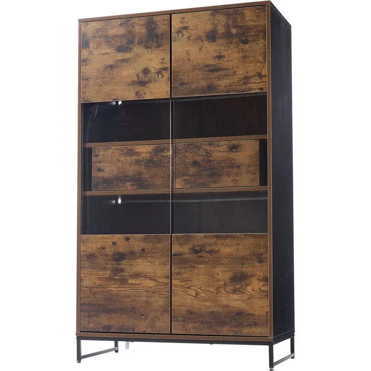 DESVIAE Vitrine mit LED-Beleuchtung, 2 Schubladen, 80x138x40 cm, MDF, Schwarz/Holzmaserung – Bild 7