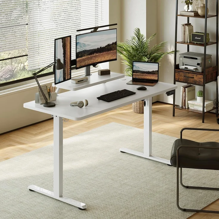 Sweetcrispy Höhenverstellbarer Schreibtisch mit Monitorständer, 120x60 cm Schreibtisch Höhenverstellbar Elektrisch, Ergonomischer Steh-Sitz Tisch, Computertisch Standing Desk, Weiß – Bild 2