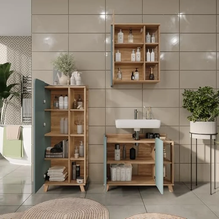 Vichy Badmöbel-Set Karen, 3-teilig mit Waschbeckenunterschrank und Spiegelschrank, Sonoma/Blau – Bild 7