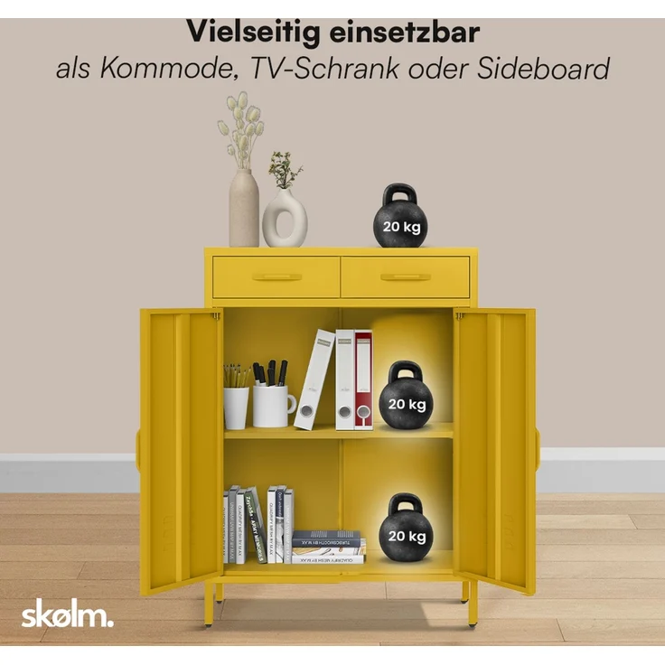 skølm 'Atria' Metallkommode, senfgelb, 110x38x80 cm, mit 2 Schubladen und 2 Fächern – Bild 6