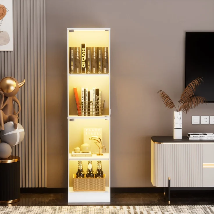 Vierstöckige Glasvitrine mit Stauraum, LED-Beleuchtung, Glastüren und intelligenten Sensoren, Als staubdichte Glasvitrine für Wohnzimmer, Schlafzimmer und Büros geeignet, Weiß. 40*35*165cm--Weiß--40x35x165cm--YOUDENOVA – Bild 6