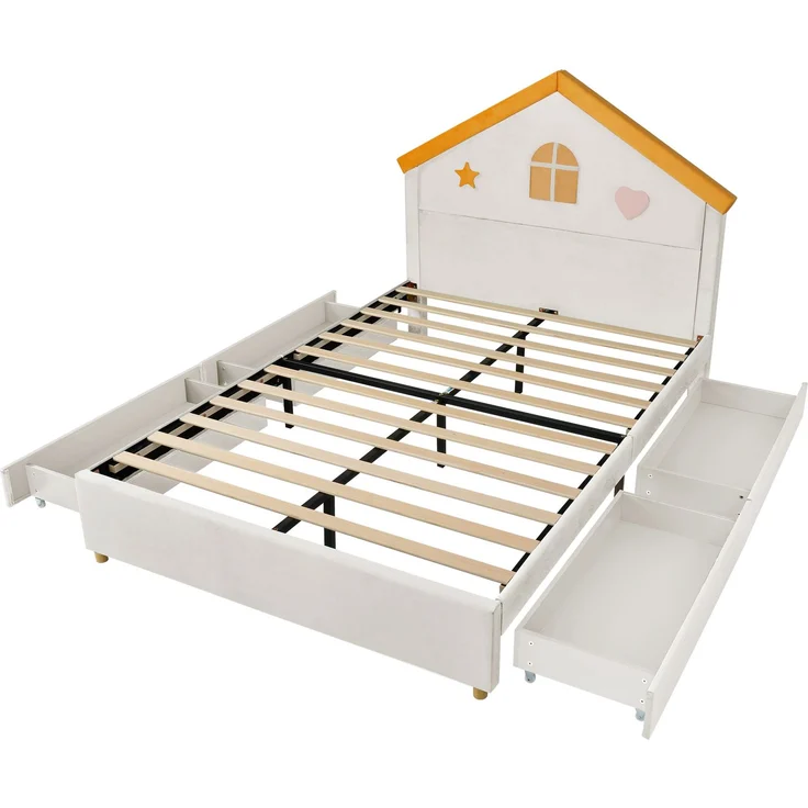 Merax Kinderbett, 140x200 cm, Polsterbett, mit 4 Schubladen, Stauraumbett, Jugendbett mit französischem Samt, gepolstertes Bett mit Haus-Kopfteil, Beige – Bild 8