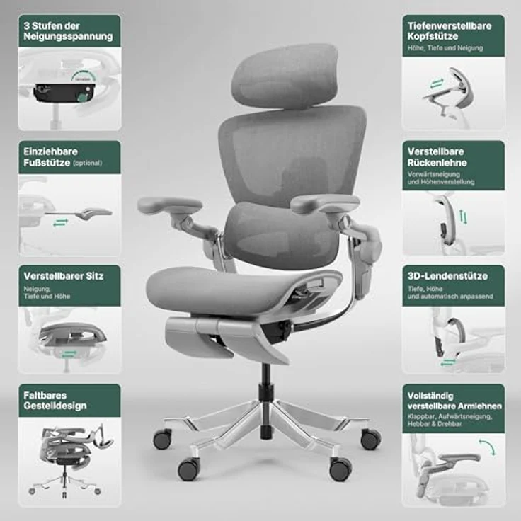 HINOMI H2 Pro Bürostuhl ergonomisch, verstellbare Lordosenstütze, Kopfstütze & 6D-Armlehnen, 150kg belastbar, atmungsaktives Mesh, Drehstuhl für Home & Office (Grün) – Bild 3