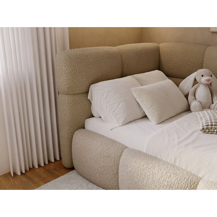 GRAINGOLD Modo One Jugendbett 90x200, Einzelbett mit Bettkasten, mit Lattenrost, Bouclé-Stoff, Rechts, Dunkelbeige – Bild 7