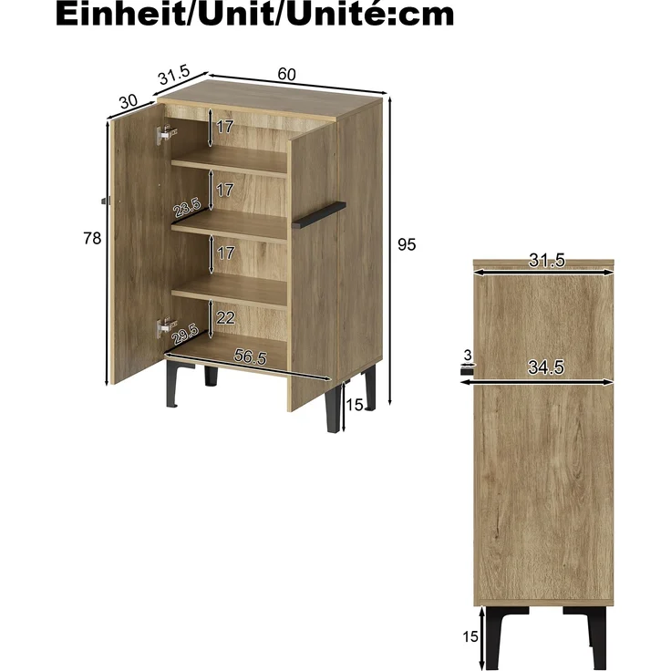 Schuhschrank, Holzoptik/Schwarz mit Doppeltüren & verstellbaren Einlegeböden, 60x34,5x95 cm – Bild 10