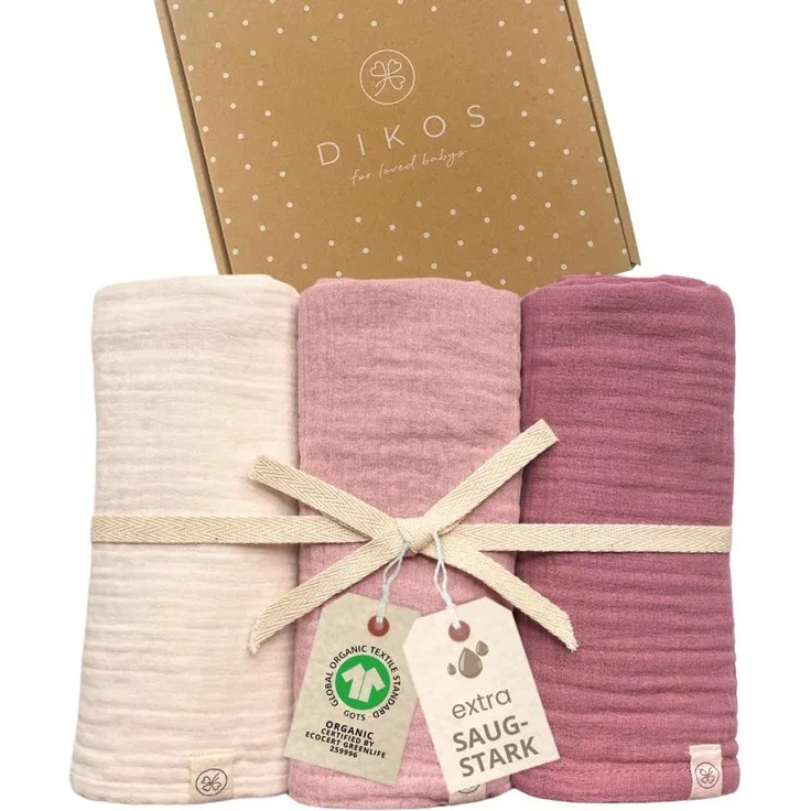 Babydecke Mulltücher 3er-SET gekreppt, Spucktuch 64x64 100% GOTS BIO-Baumwolle, DIKOS, PREMIUM Qualität atmungsaktiv, nachhaltig, plastikfrei, kuschelweich