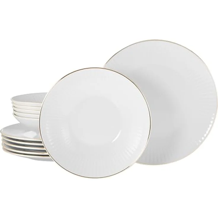 Creatable Tafelservice Valencia, 12-teiliges Geschirrset aus Keramik, Weiß und Gold, handbemalt, lebensmittelecht, stapelbar – Bild 1