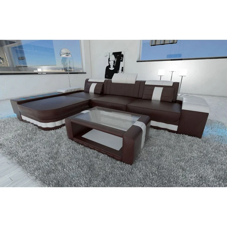 Ecksofa Bellagio L Form - Echtleder - dunkelbraun-weiß - Links – Bild 5