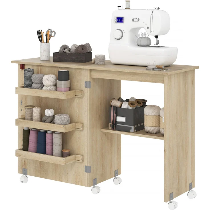 Rayofly-klappbarer Nähtisch mit ausklappbarer Tischplatte, Aufbewahrungsboxen, offenem Regal und Rollen, Naturholz, H 77,5cm x T 117cm x B 40cm – Bild 2