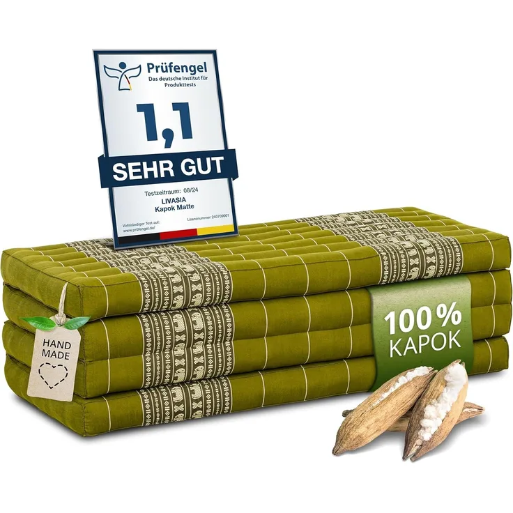 Nachhaltige Klappmatratze aus Kapok, breite Gästematratze vierteilig, Faltbare Matratze, ökologische Yogamatte, klappbares Gästebett, Liege für Garten und Balkon 200 x 110 x 8 cm (Grün/Elefanten)
