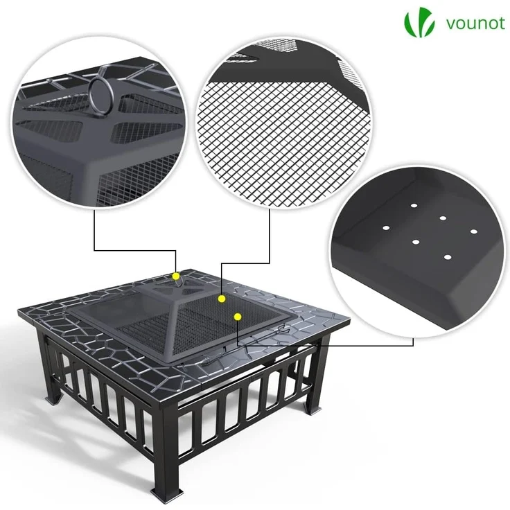 VOUNOT® Feuerschale mit Funkenschutz, Metall Feuerstelle Feuerkorb für Garden Terrasse Heizung, mit Wasserfester Schutzhülle, 81 x 81 x 45 cm – Bild 6