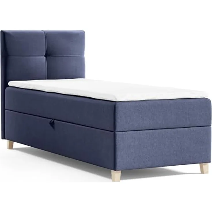 BEAUTYSOFA Modern Boxspringbett HELEN MINI, Polsterbett mit Federkernmatratze und Topper, 100x200cm, Blau (soro 76), inkl. Bettkasten für Stauraum