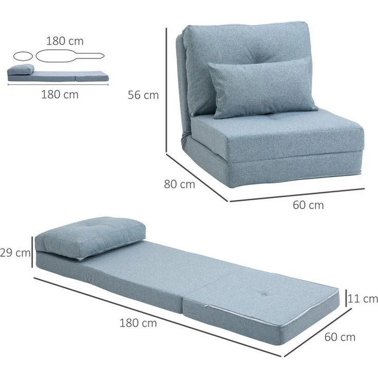 HOMCOM Schlafsofa mit verstellbarer Rückenlehne, Zierkissen, Bodensofa 1 Teile, für Wohnzimmer, Schlafzimmer, Leinen, Himmelblau – Bild 2