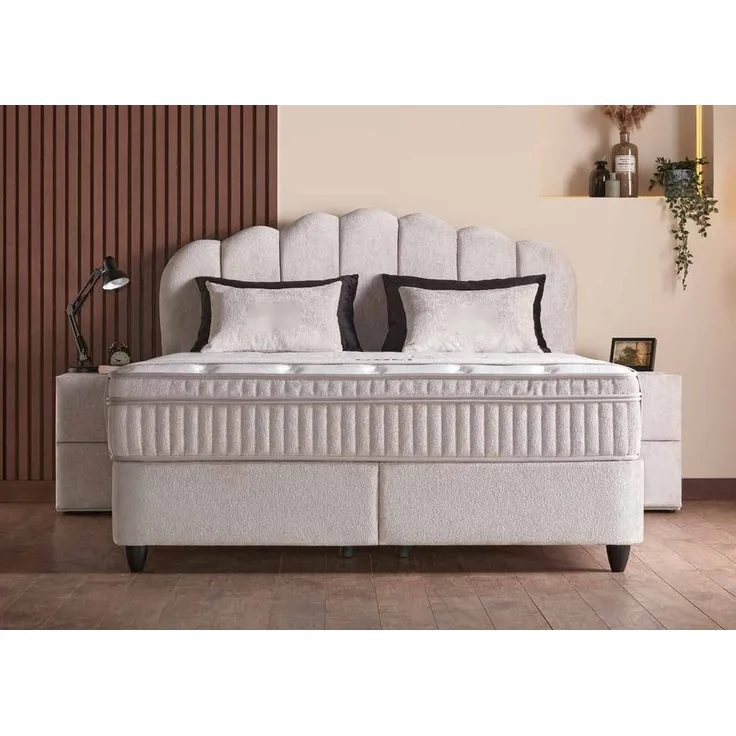 Casa Padrino Luxus Boxspringbett mit Kopfteil in Muschelform Creme 180 x 200 cm - Luxus Schlafzimmer Möbel