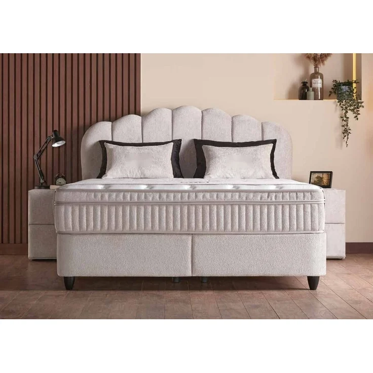 Casa Padrino Luxus Boxspringbett mit Kopfteil in Muschelform Creme 180 x 200 cm - Luxus Schlafzimmer Möbel