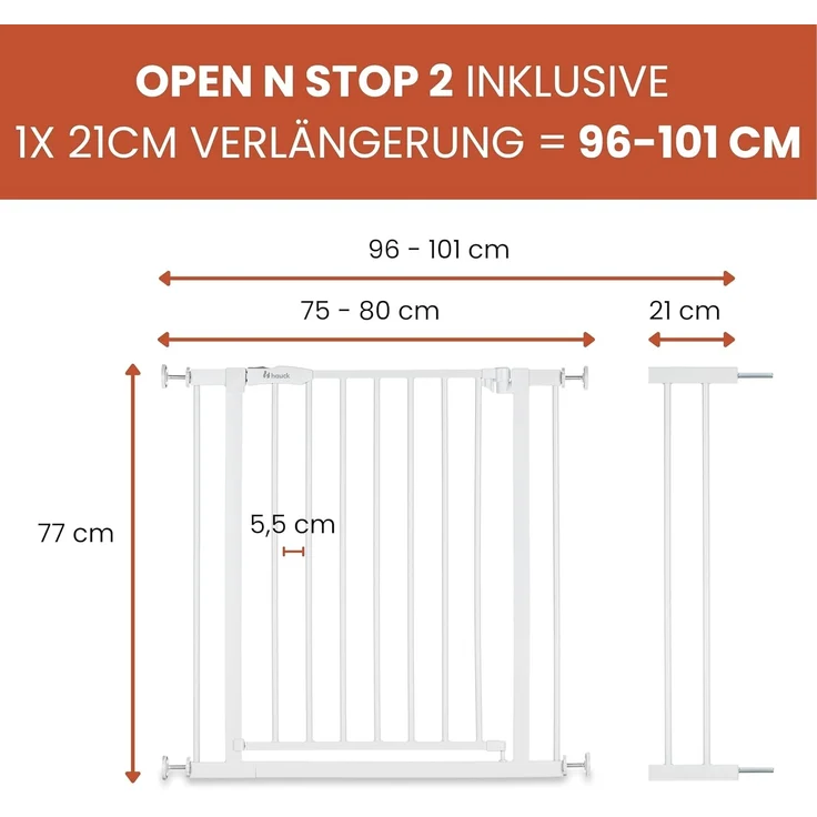 Hauck Treppenschutzgitter Türschutzgitter Open N Stop 2 inkl. 21 cm Verlängerung für Breiten 96-101 cm, ohne Bohren, Einhändiges Beidseitiges Öffnen, Manueller Schließmechanismus, Metall (White) – Bild 2